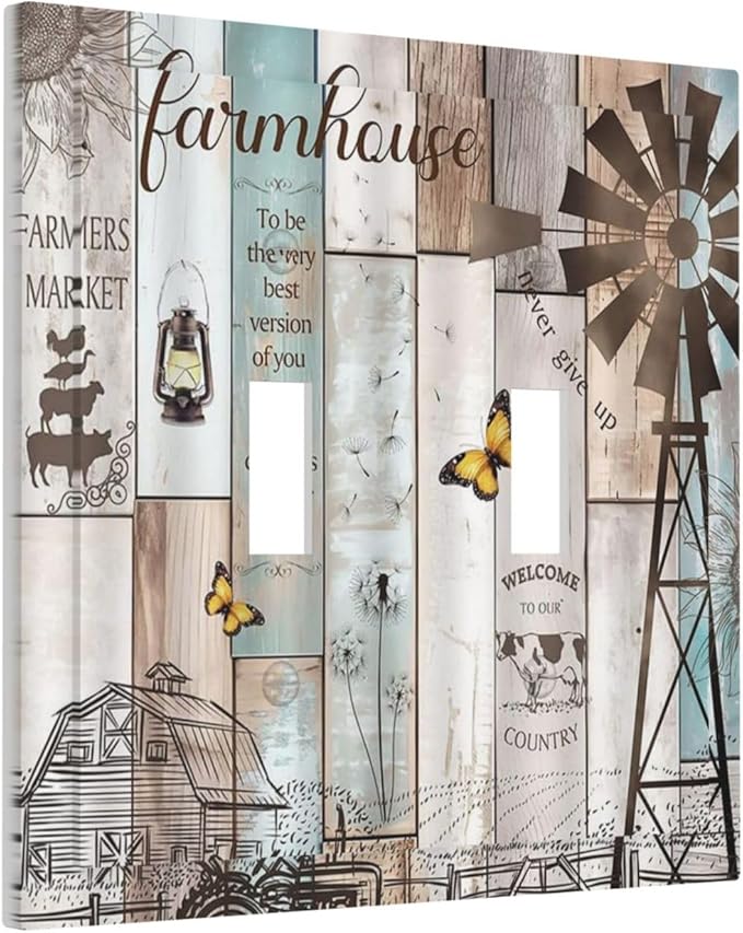 Rustic Western Farmhouse Windmill 2 Gang Light Switch Plate Cover Vintage Barn Wooden Plank Inspirational Quote Double Toggle Wall Plate Decorative Switchplate Electrical Faceplate