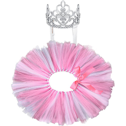 2 Pcs Dog Crown Headband Dog Tutu Dress Set Crystal Rhinestone Tiara Crown Tutu Skirt Pet Dress Costume for Puppy Birthday Party Wedding Photo Prop Costume(Large,Rose Red, White)