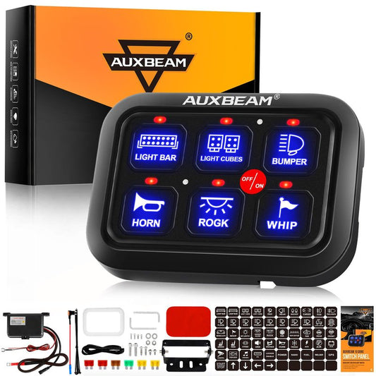 Auxbeam 6 Gang Switch Panel BC60, Universal Circuit Control Relay System Box with Automatic Dimmable On-Off LED Switch Pod Touch Switch Box for Car Pickup Truck UTV ATV Boat, 3 Years Warranty, Blue