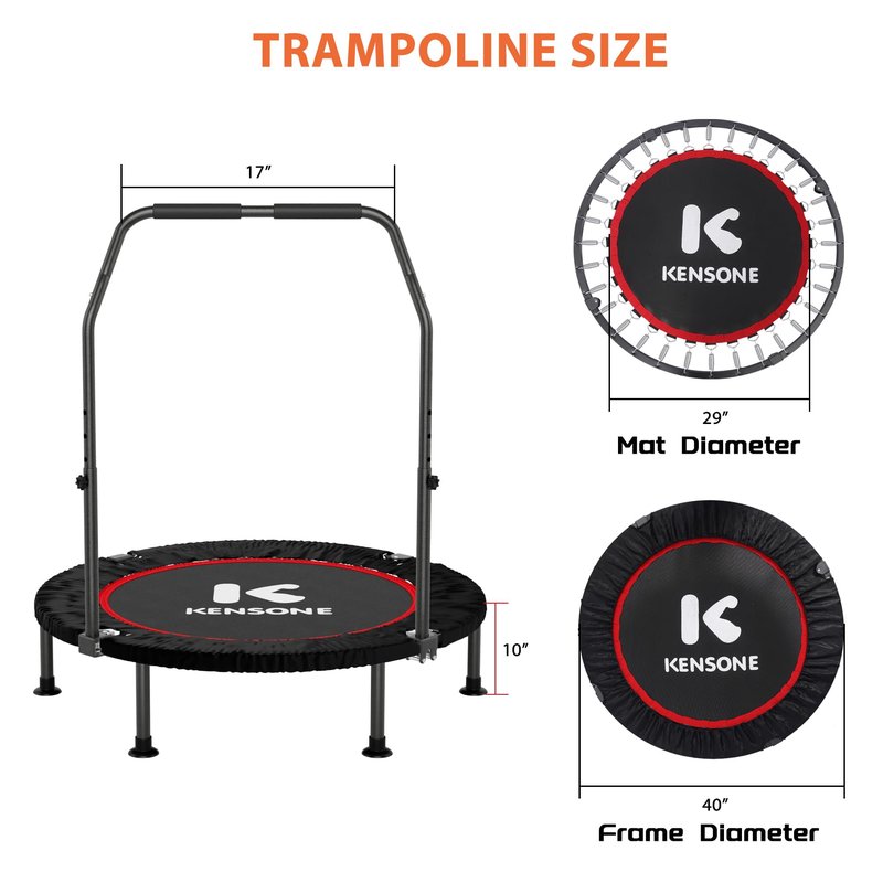 K KENSONE 40” Mini Flodable Spring Rebounder Trampoline for Adults with Adjustable Bar, Small Exercise Trampoline for Indoor Workout and Fitness, Purple Resistance Band Included, Max Load 330 LBS