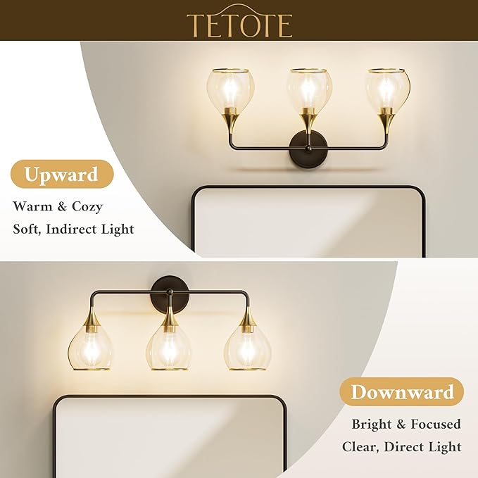 TETOTE 5-Light Modern Bathroom Light Fixtures, Over Mirror Black & Gold Wall Lamp with Clear Glass