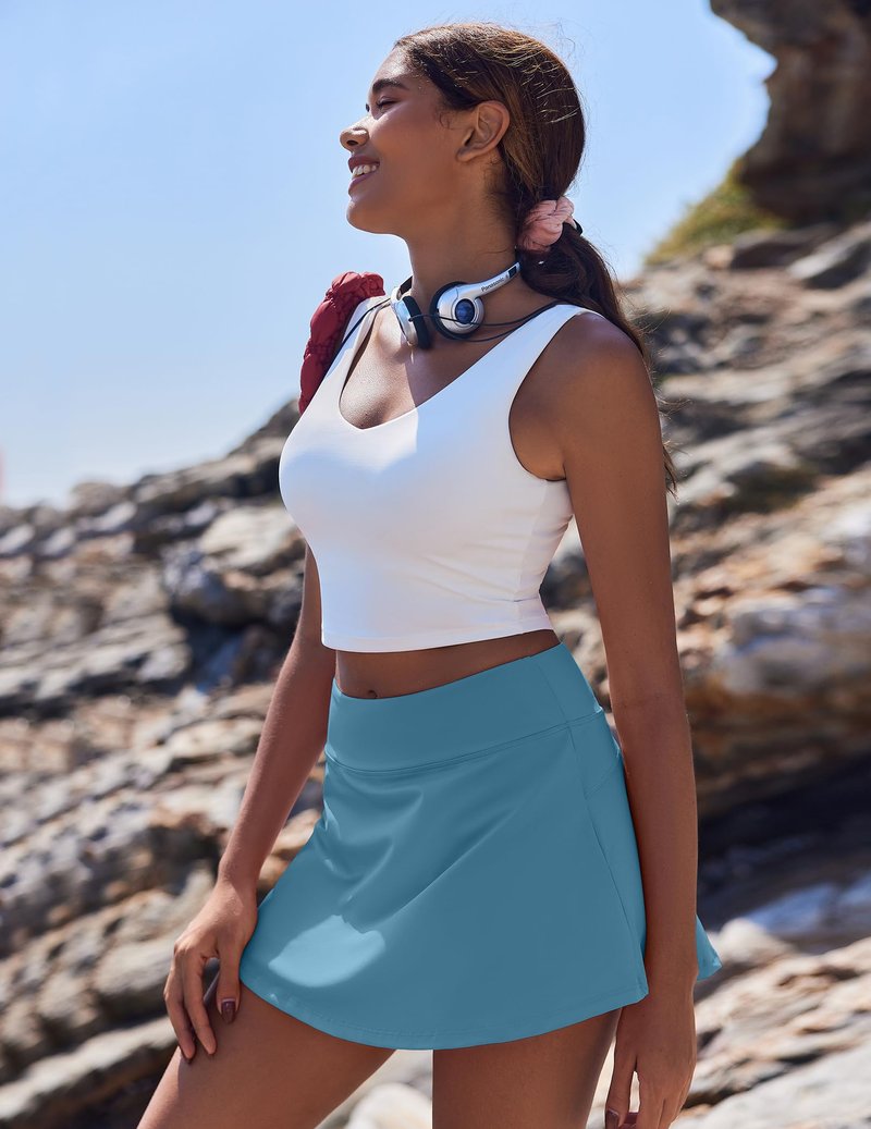 PINSPARK Tennis Skirts for Women Athletic Skort with Pockets Pleated Mini Golf Skirts Tummy Control, Oasis Blue X-Large