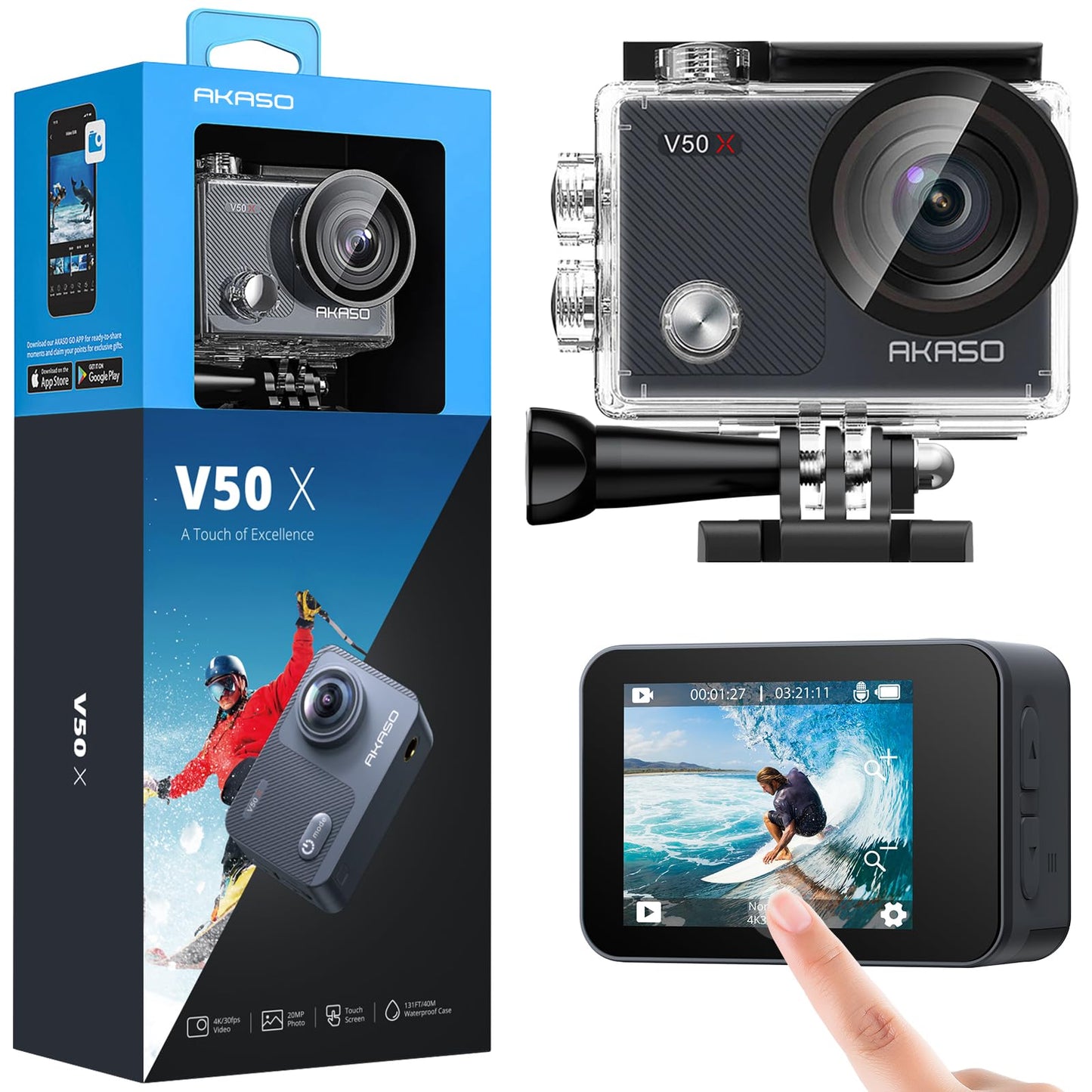 AKASO V50X Native 4K30fps WiFi Action Camera with EIS Touch Screen 4X Zoom 131 feet Waterproof Camera Support External Mic Remote Control with Helmet Accessories (Without 64GB MicroSD Card)
