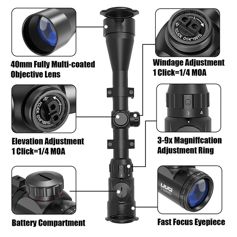 UUQ 3-9×40 Rifle Scope with Red/Green Illumination and Rangefinder Reticle - Includes Batteries, Fits 11mm Free Mounts, Waterproof and Fog-Proof,for Hunting,Airsoft and Pellet Gun