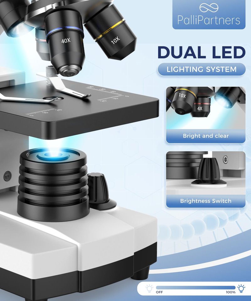 PalliPartners Compound Microscope for Adults & Students - 100X-2000X High-Power Biological Microscope for Students, School Lab & Home Education, with Slides Set & Phone Adapter (White)