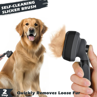 3PCS Self Cleaning Slicker Brush & Pet Grooming Rake & Bath Brush for Dogs and Cats | Double-Sided Dematting Pet Comb & Skin Friendly Deshedding Grooming Tool | Premium Pet Supplies（Gray Black)