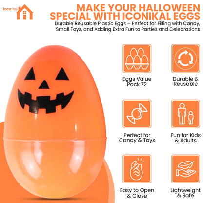 Iconikal 72-Count Halloween Eggs - Durable Plastic Holiday Treat Containers in Orange, Neon Green, and Purple Featuring 6 Different Fun Designs (2.3 x 1.6)