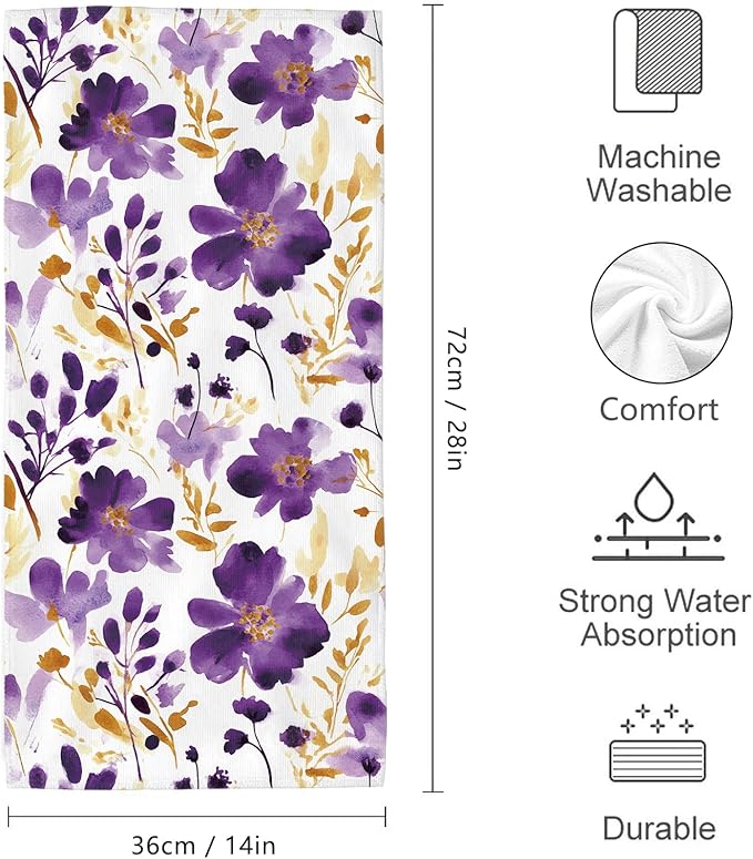 Purple Floral Hand Towels Bathroom Soft Absorbent Purple Flower Decorative Bath Towels Set for Bathroom Gym Spa Home Farmhouse Housewarming Gifts for Women Girls Set of 2, 14"x28"