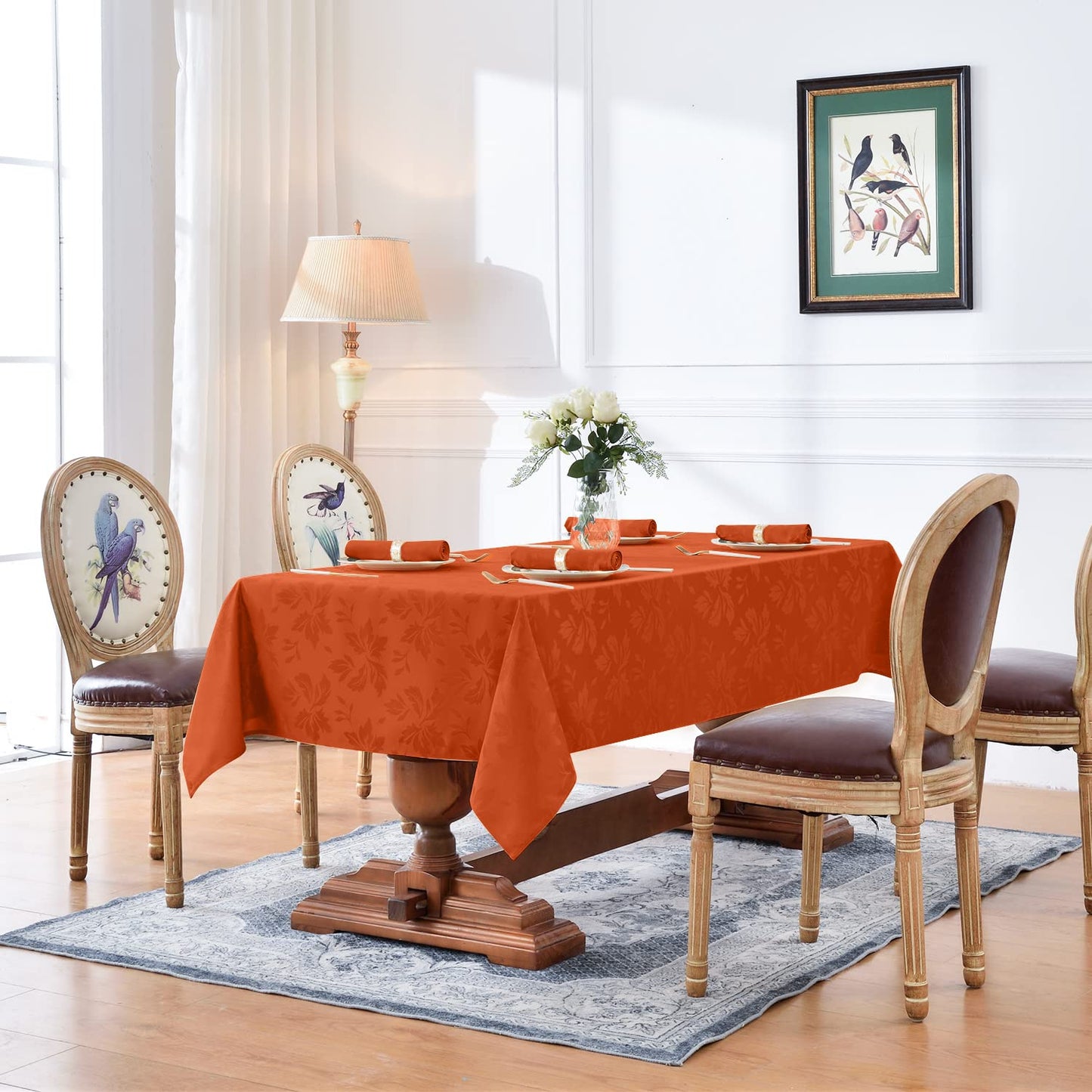 Romanstile Fall Jacquard Rectangle Tablecloth - Thanksgiving Waterproof Table Cloths Autumn Heavy Weight Fabric Table Covers for Dinner/Parties/Holiday - 52 x 70 Inch, Burnt Orange
