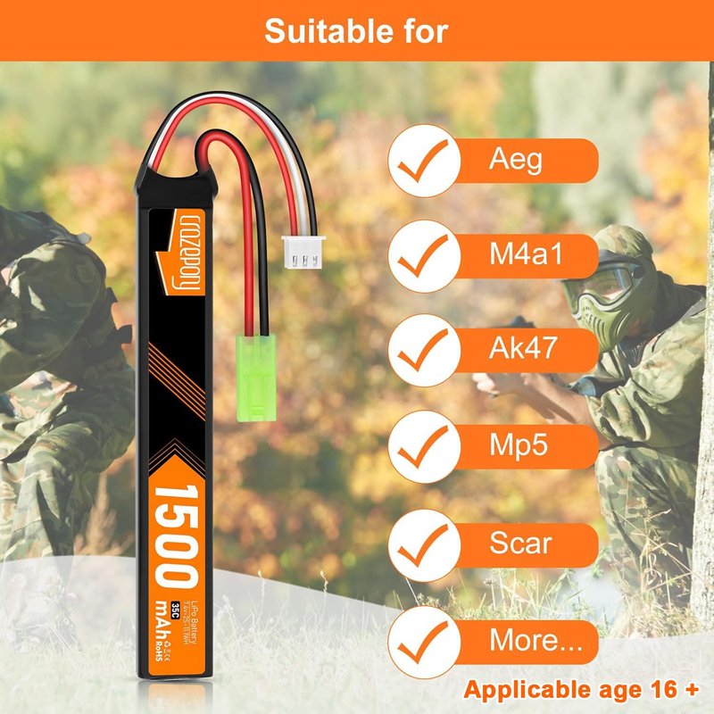 Crazepony 7.4V Rechargeable Airsoft Battery, 2S LiPo Battery 1500mAh 35C High Discharge Rate Lipo Pack with Mini Tamiya Plug for Airsoft Model Guns Rifle