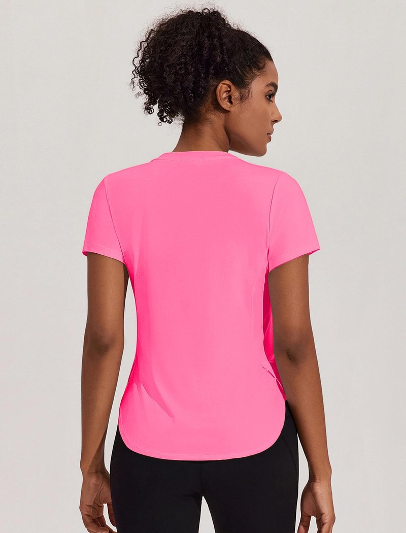 PINSPARK Workout Tops for Women Short Sleeve Workout Shirts Breathable Running Shirt Moisture Wicking Sun Shirt for Athletic Casual, Hot Pink Large