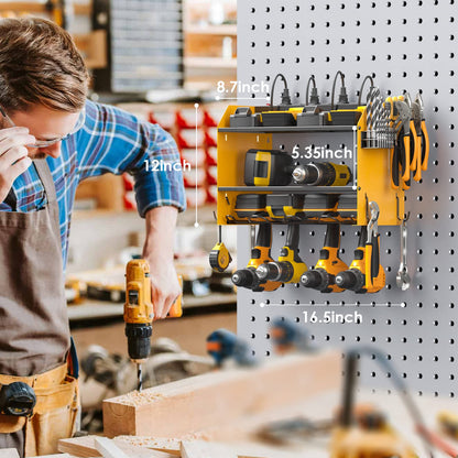 CCCEI Modular Power Tool Organizer Wall Mount with Charging Station. Garage 4 Drill Storage Shelf with Hooks, Screwdriver, Drill Bit Heavy Duty Rack, Tool Battery Holder Built in 8 Outlet Power Strip.