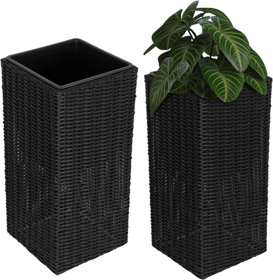 Set of 2 Tall Planters for Outdoor & Indoor Plants – 24" Large Plastic Flower Pots with Modern Tapered Design, Decorative Garden Planters for Porch, Patio, Balcony & Backyard Sierra, Black