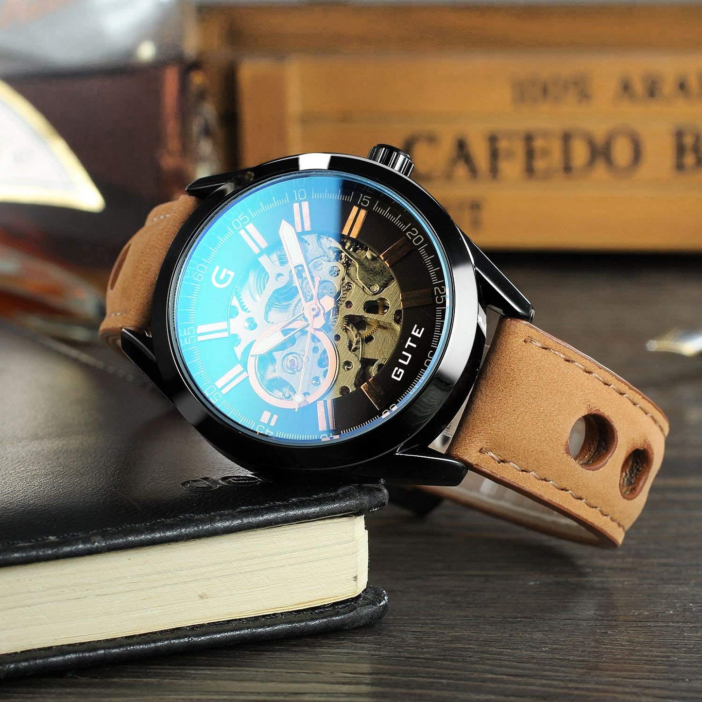 Gute Mens Watches, Mechanical Skeleton Automatic Self-Winding Steampunk Watch for Men, Casual Clock Brown Leather Wrist Watch