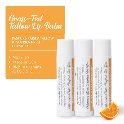 Dr. Dave's Primal Essence Moisturizing Tallow Lip Balm - Grass-Fed Beef Tallow with Organic Coconut Oil, Beeswax and Vitamin E - Sweet Orange, 3-Pack