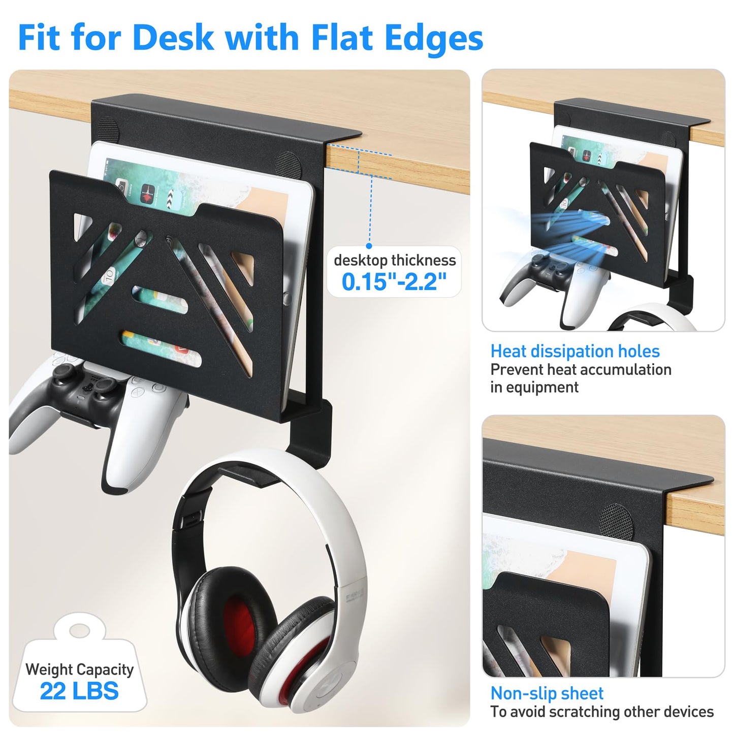 MAXECHO Desk Side Storage, Under Desk Laptop Mount, Table Side Hanging File Organizer, No Drill Clamp On Cable Management Tray, Laptop Holder with Magnetic Pen Holder for Office and Home, Load 22 Lbs