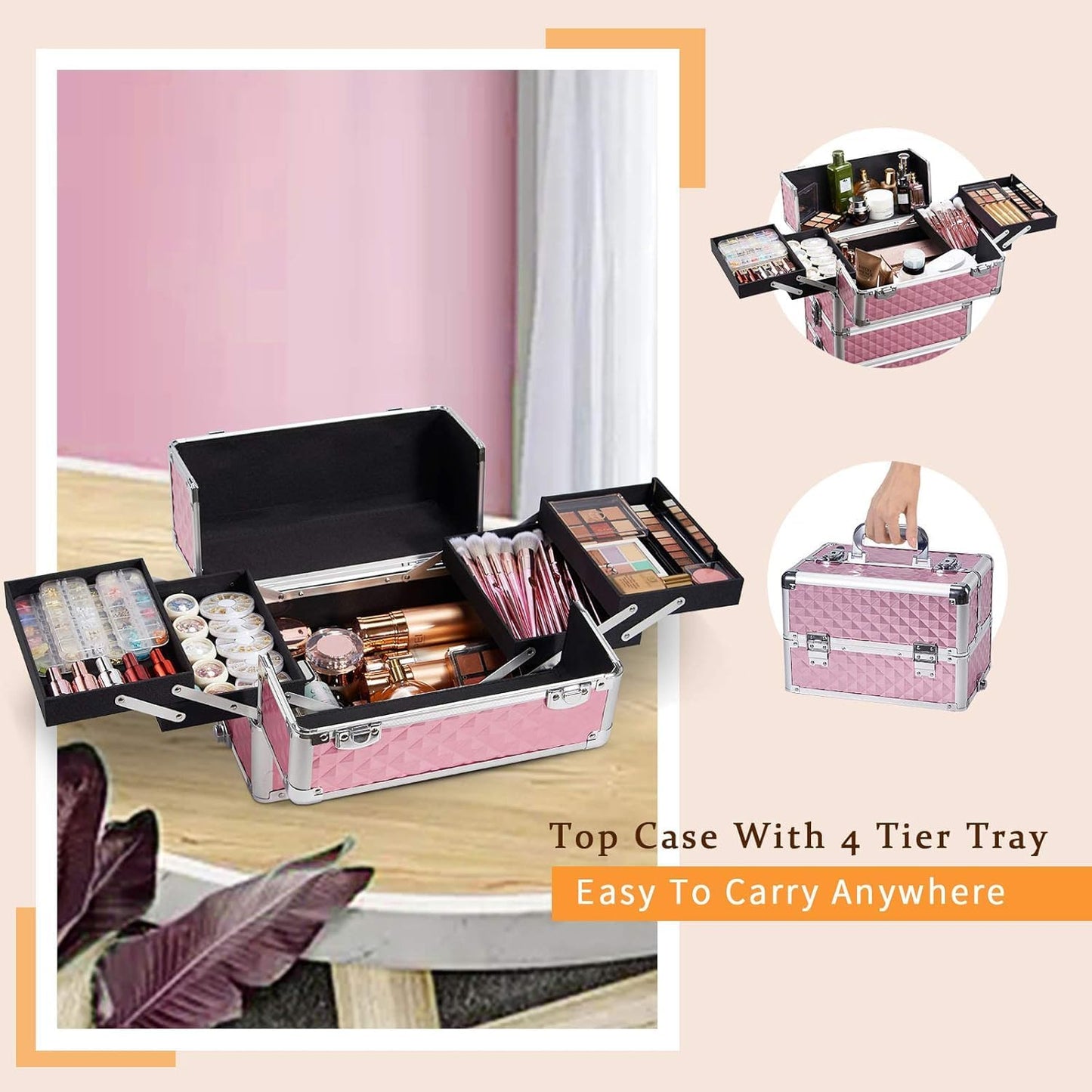 Joligrace Makeup Organiser 4-in-1 Beauty Case on Wheels Vanity Case Pink Trolley Nail Polish Organiser