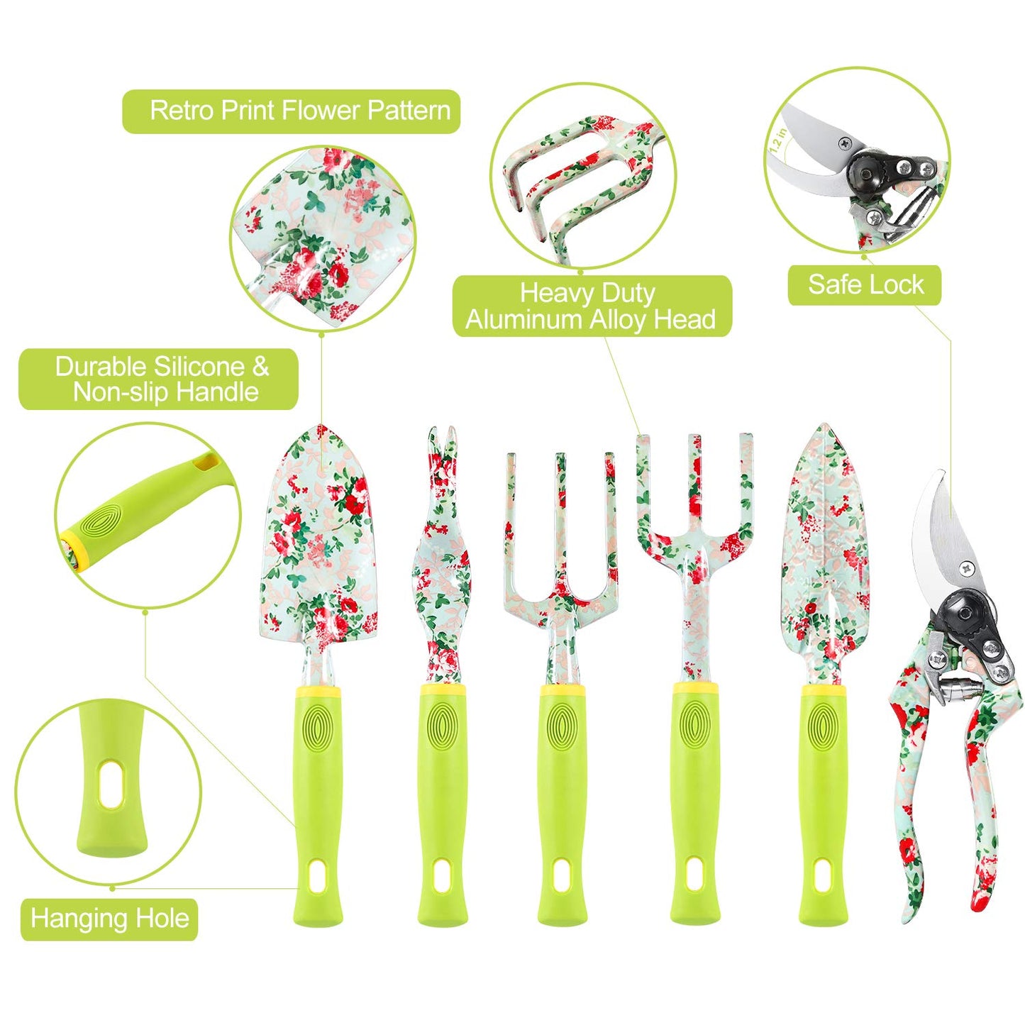 Gardening Tool Set - 13 PCS Heavy Duty Aluminum Gardening Tools Kit Floral Print Garden Tool Set with Non-Slip Rubber Handle & Durable Storage Tote Bag Gardening Supplies Gifts for Women Men