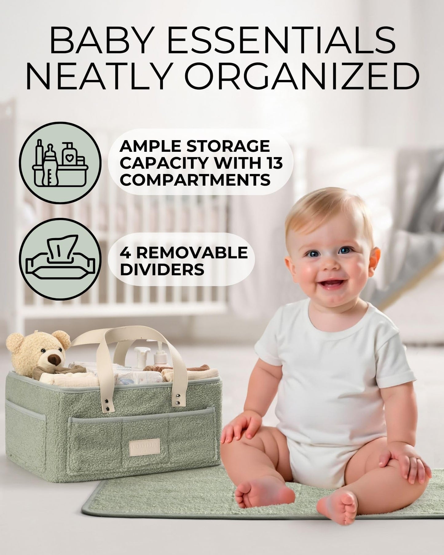 Baby Diaper Caddy Organizer with Portable Changing Mat - Teddy Fleece Diaper Organizer for Changing Table - Baby Basket for Diaper Changing Essentials - Baby Caddy Organizer with Removable Dividers