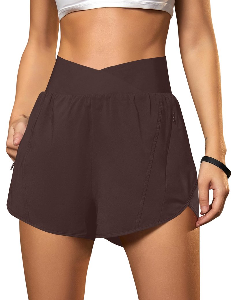 Blooming Jelly Women's Workout Shorts Athletic Running Crossover High Waisted Gym Sport Yoga Shorts with Zipper Pockets (Brown,Small)