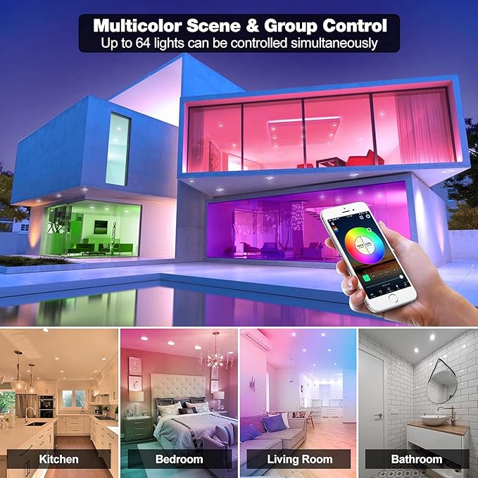 Smart Can Light 6 Inch, WiFi & Bluetooth LED Downlight 6Pack, Multicolorred, Dimmeble, 2700K-6500K CCT Selectable, RGBCW Remote LED Recessed Lighting Compatible with Alexa Google Home