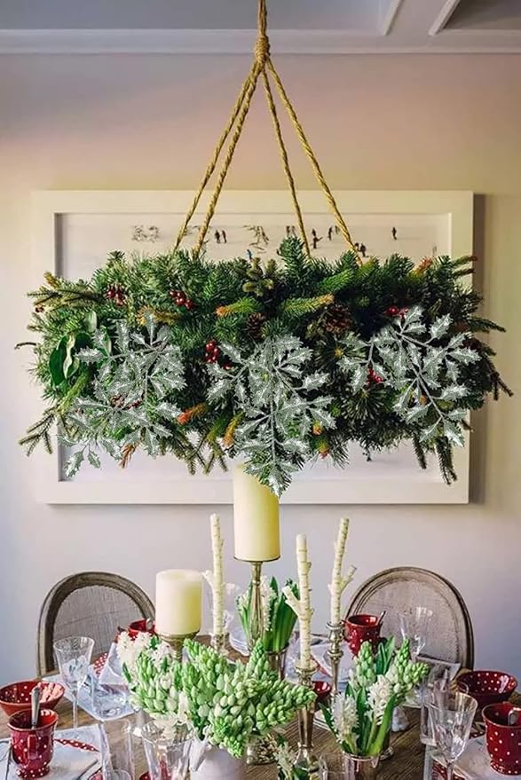 DILATATA 6Pcs Christmas Glitter Leaves Holly Leaves 23" Artificial Mint Green Holly Leaf Picks Sprays Giltter Stems for Christmas Tree DIY Xmas Wreath Garland Home Decor - Mint Green