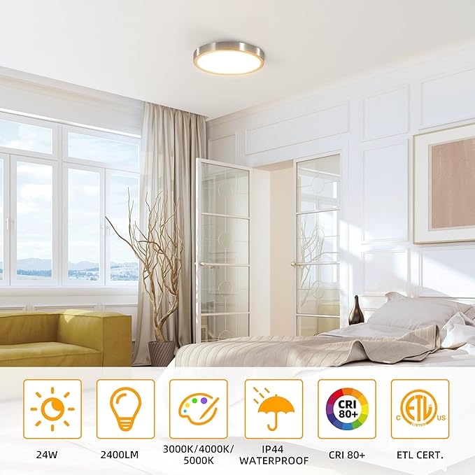 Hlite 6pack 12 inch Flush Mount LED Ceiling Light Fixture,24W 2400LM Super Slim Light Fixtures Ceiling Mount 3000K/4000K/5000K 3CCT Selectable,Ceiling Light Fixtures for Kitchen,Bedroom (Nickel)