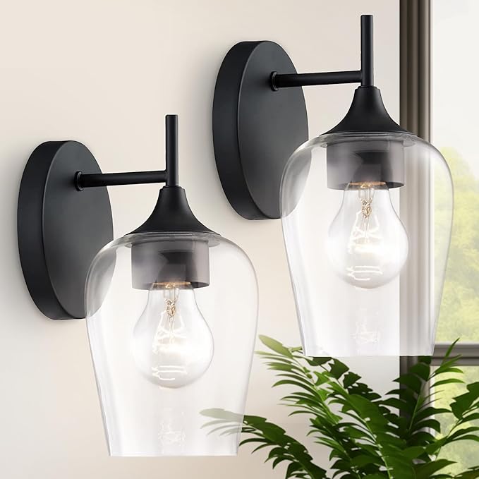 Hamilyeah Black Wall Sconces Set of Two, Farmhouse Sconces Wall Lighting Hardwired, Bathroom Vanity Lighting with Clear Champagne Glass Shade, Indoor Wall Lamp for Kitchen Stairway Living Room