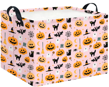 HKEC Rectangle Storage Basket with Handles,Collapsible Storage Bin,Books Box,Gift Basket(Halloween Cat Basket)