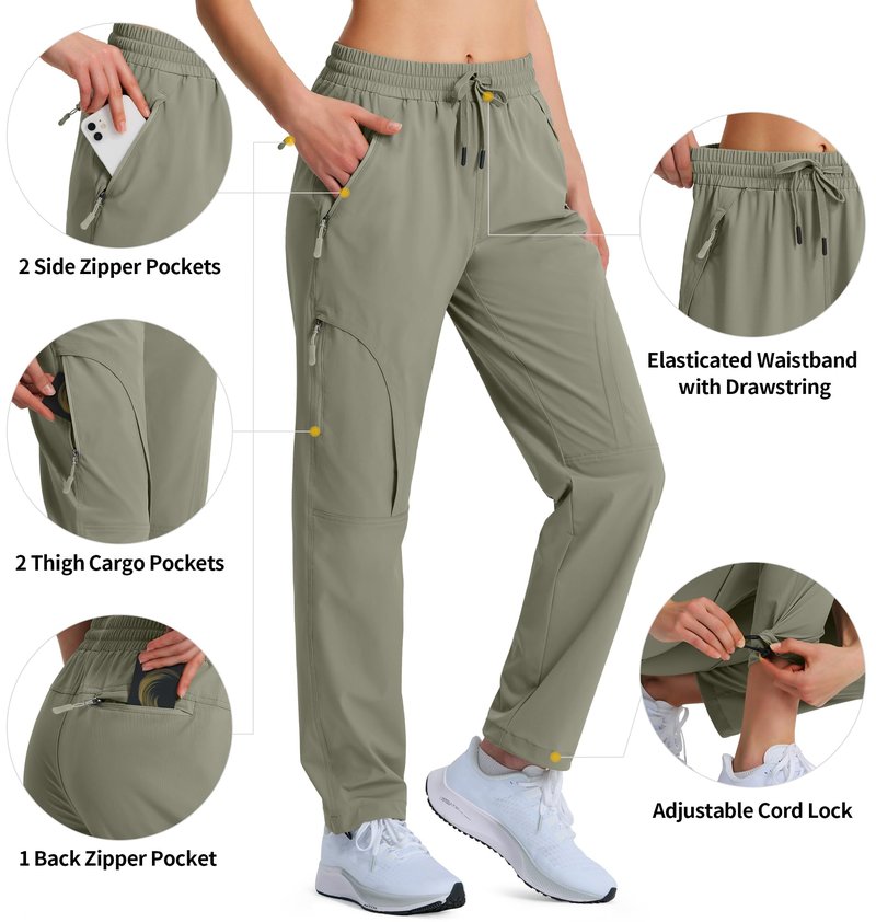 Hugut Women's Hiking Pants Quick Dry Lightweight Cargo Pants UPF 50 Water Resistant Zipper Pockets for Golf Travel Work Camping Grey Sage