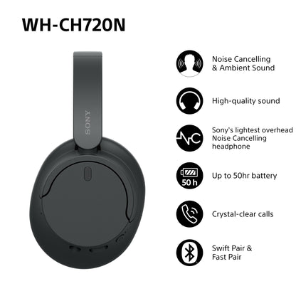 Sony WH-CH720N Wireless Bluetooth Noise Cancelling Over-Ear Headphones, Ambient Sound Mode, Lightweight Design, up to 35 hr battery life, iOS & Android - Black