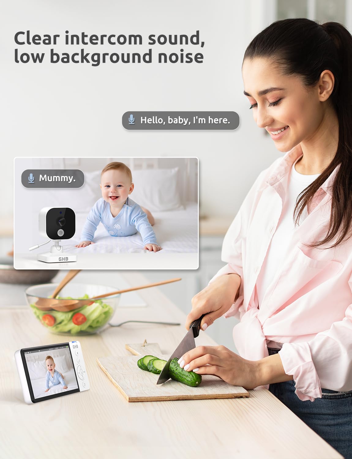 GHB Baby Monitor with Camera and Night Vision 5'' 720P HD 5000mAh Video Baby Monitor Camera IPS Screen, VOX Mode, 2-Way Audio, Temperature Alert, 8 Lullabies