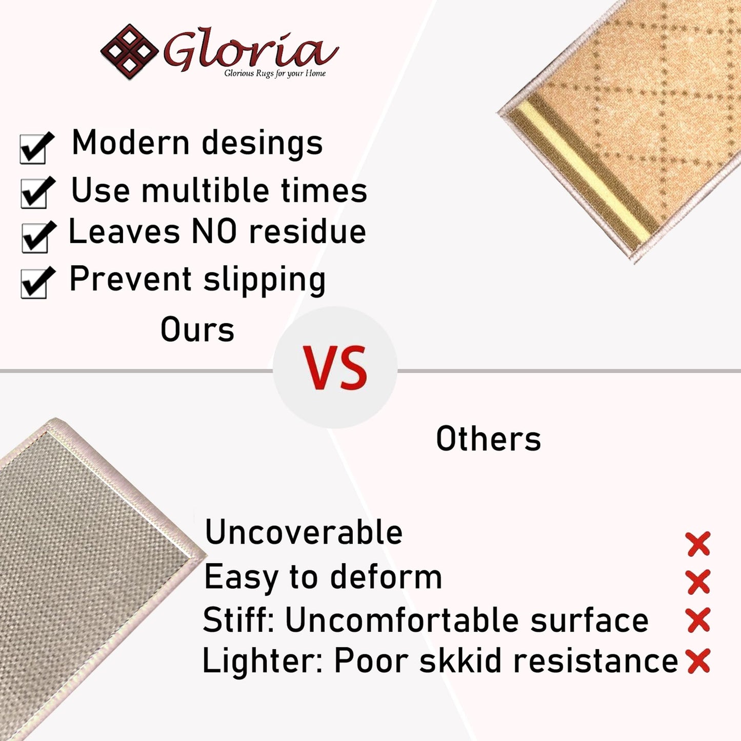 Gloria Rug Non-Slip Rubber Back Stair Treads - Skid Resistant Stair Mats - Set of 7 (8.5" x 26") (7, Stair-1985)
