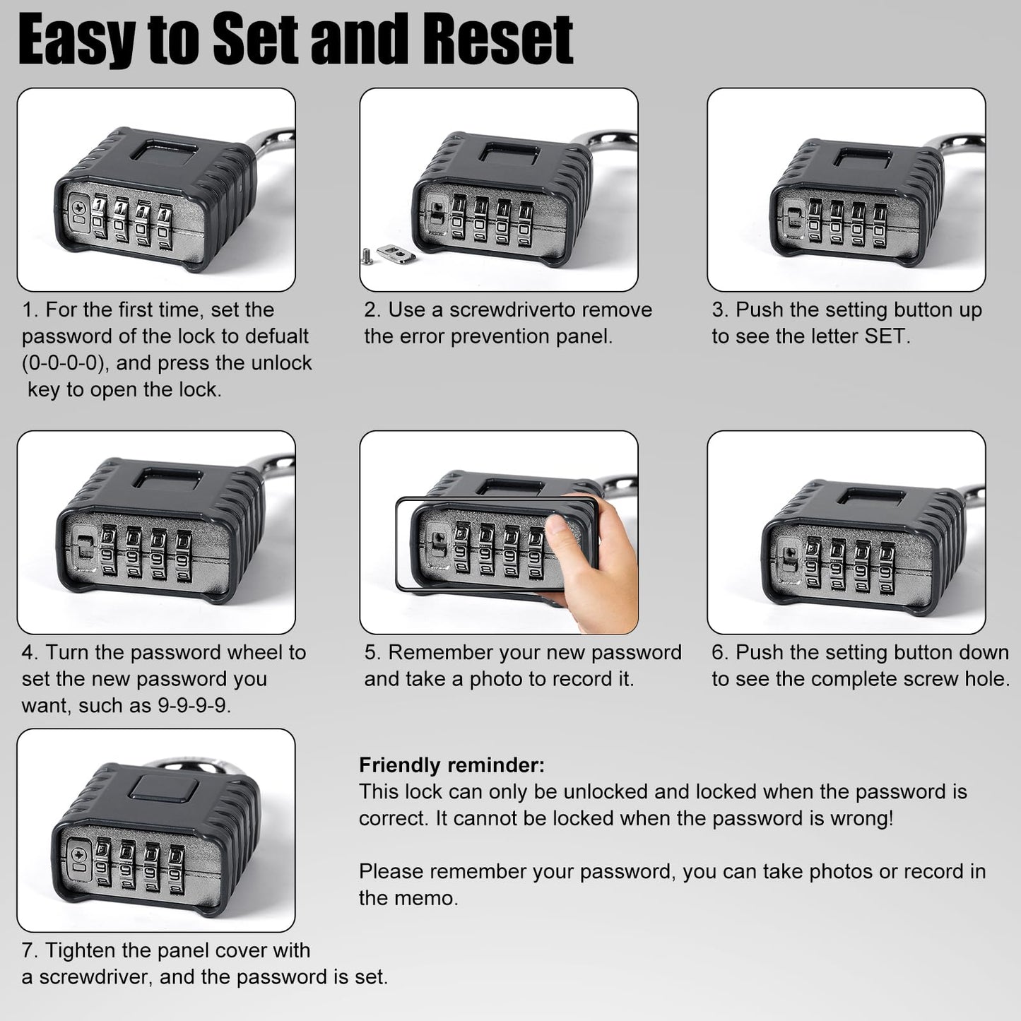 1 Pack disecu Long Shackle Heavy Duty 4 Digit Combination Lock, One Touch Unlocking, Anti-Error Feature, Waterproof Large Outdoor Padlock for School Gym Locker, Fence, Gate, Storage Unit (Black)