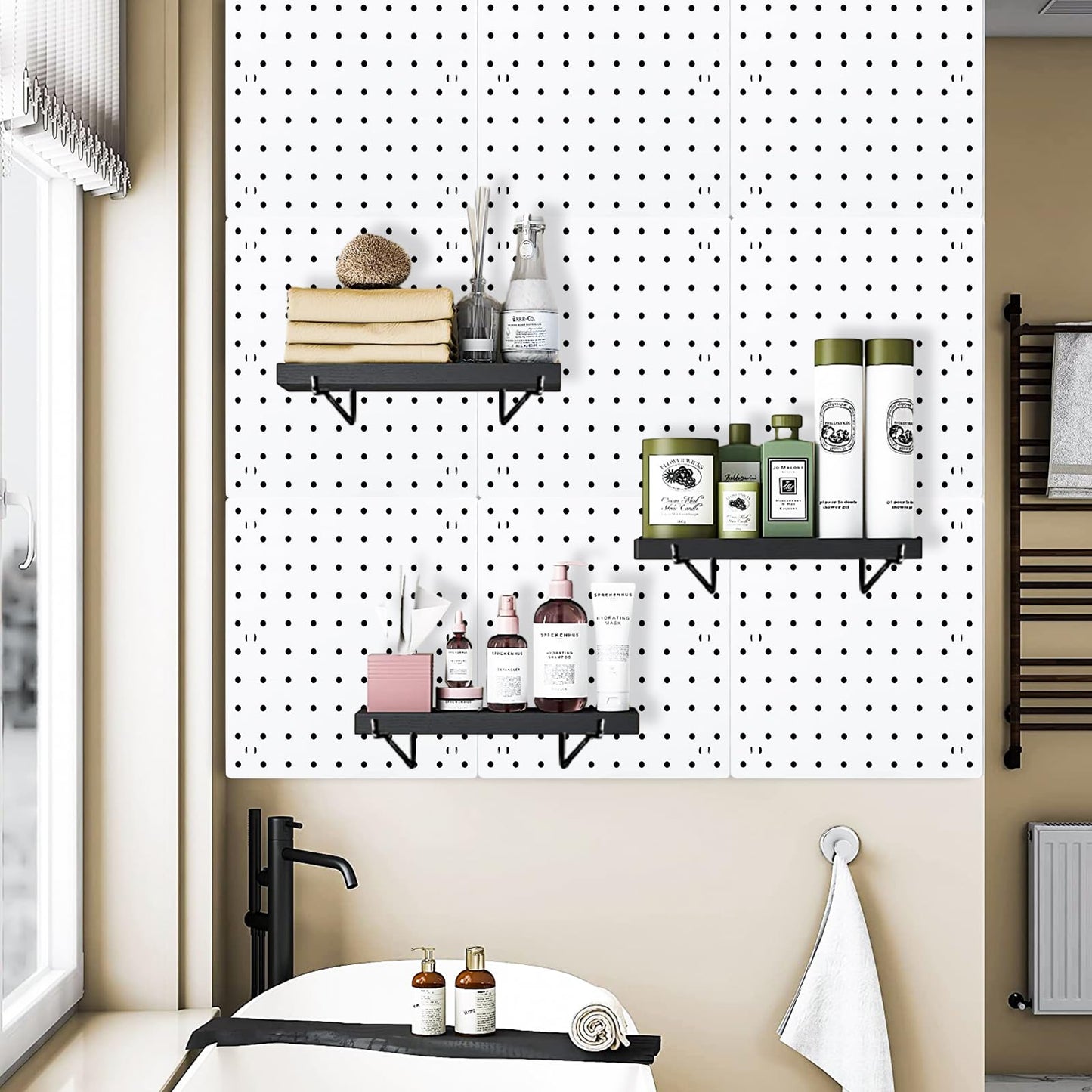 Black Pegboard Shelf, 4 Pack Wooden Pegboard Shelves with Metal Brackets Hooks, Heavy Duty Peg Board Organizer Shelves, Pegboard Accessories Organizer for Crafts Room, Garage, Workbench, Office