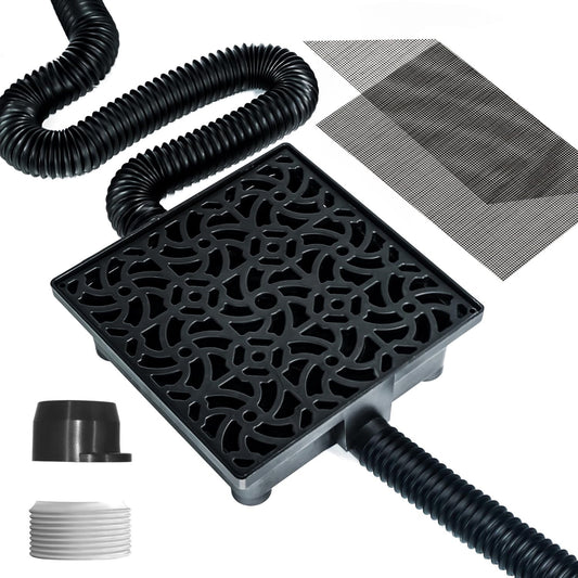 Gutter Downspout Extensions Big Kit, Catch Basin + 2pcs Pipes, Low Profile Downspout Extender - Each Flexible Pipe is 8.2ft - can be Connected into a Whole. Protect Foundation.(Black)