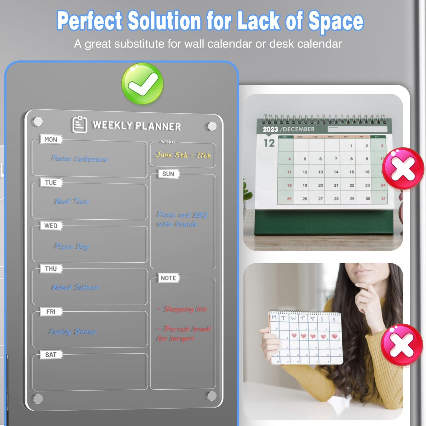 Langaelex 2 Set of Magnetic Weekly Planner for Fridge - Acrylic Meal Planner Boards with 6 Chalk Markers for Kitchen Home, Food Planning, Shopping List - A4 (20 x 30 cm)