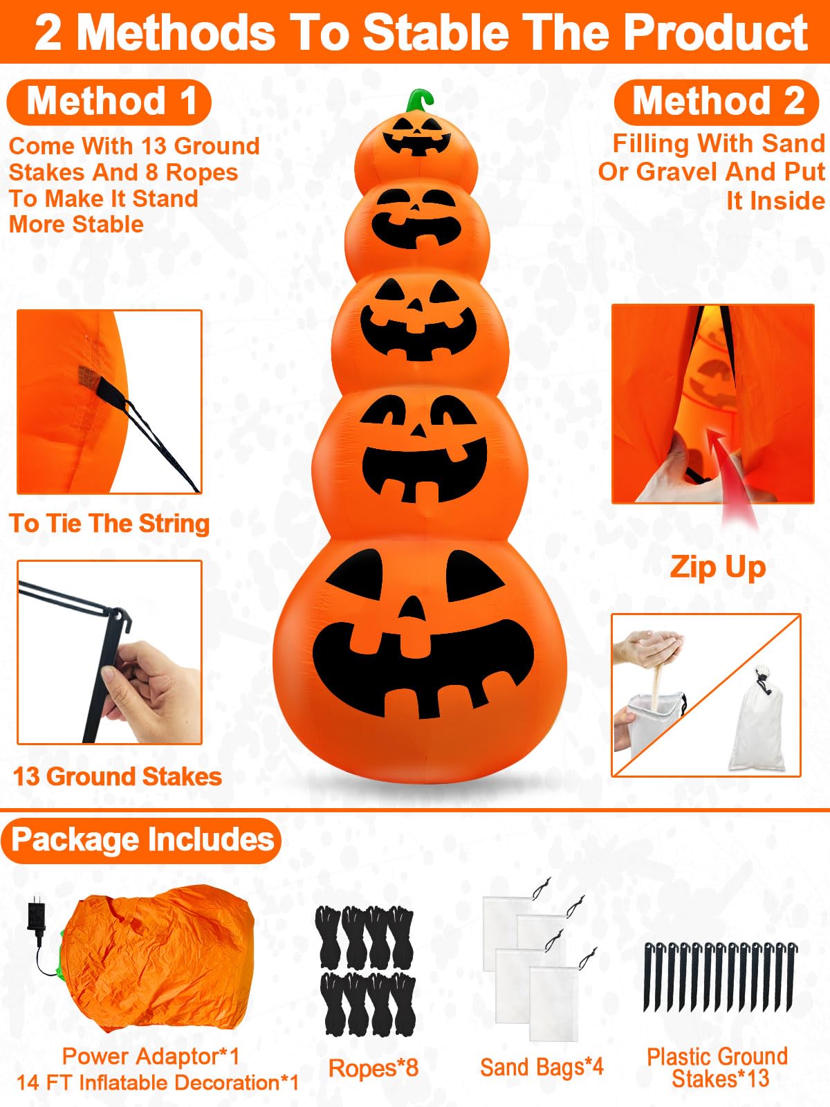 14 FT Giant Halloween Inflatable Stacked Pumpkins Outdoor Decoration Built in 5 LED Lights, Halloween Blow Up 5 Pumpkins Yard Decorations for Lawn Garden Party Decor