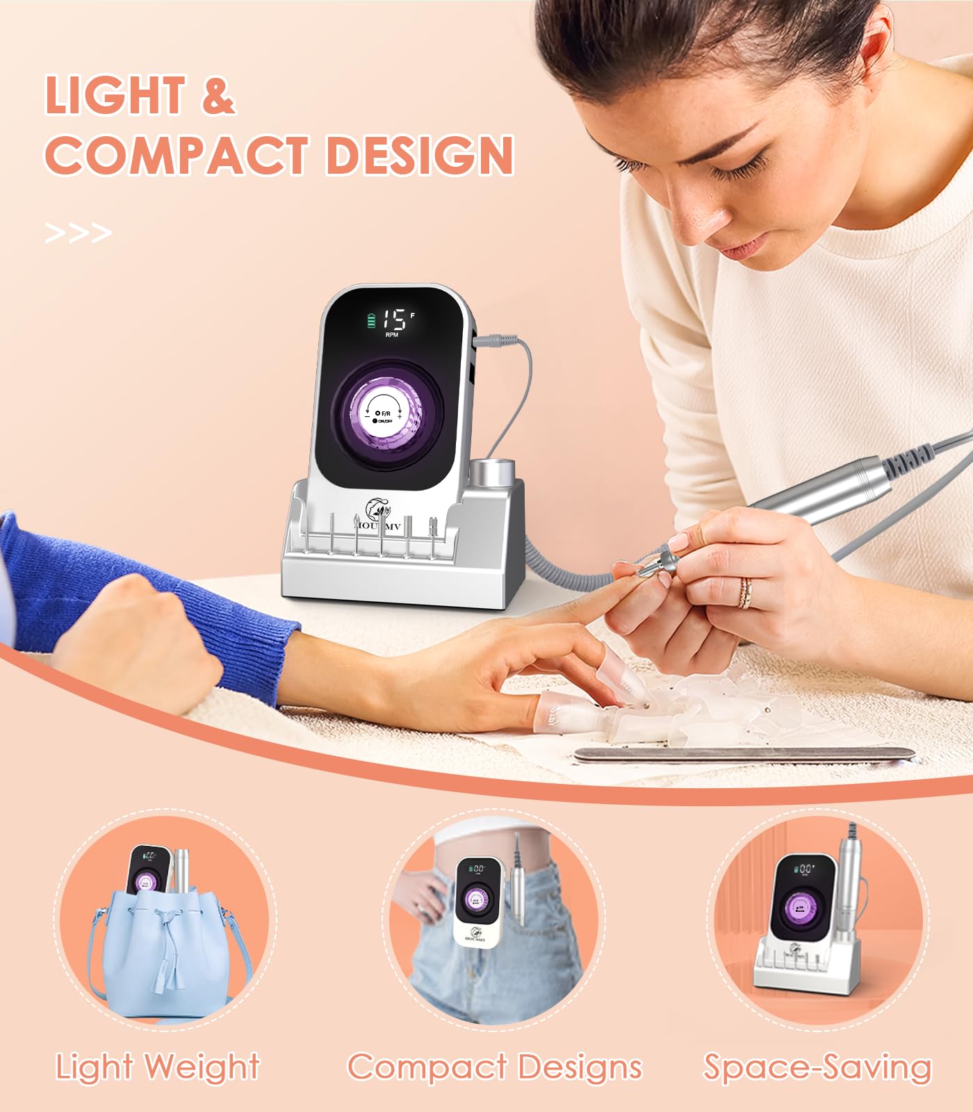 Portable Nail Drill Electric File: 40000RPM Professional Rechargeable Nail E-File Machine, Cordless Nail Drill with Bits & Base for Acrylic Nails Remove Nail Gel Polish Manicure for Salon Home, White