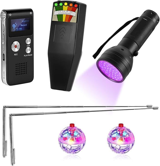 7-in-1 Ghost Hunting Equipment Kit for Paranormal Enthusiasts,Includes EMF Meter,EVP,Dowsing Rods,UV Light & Cat Balls-Novelty Set for Entertainment Use