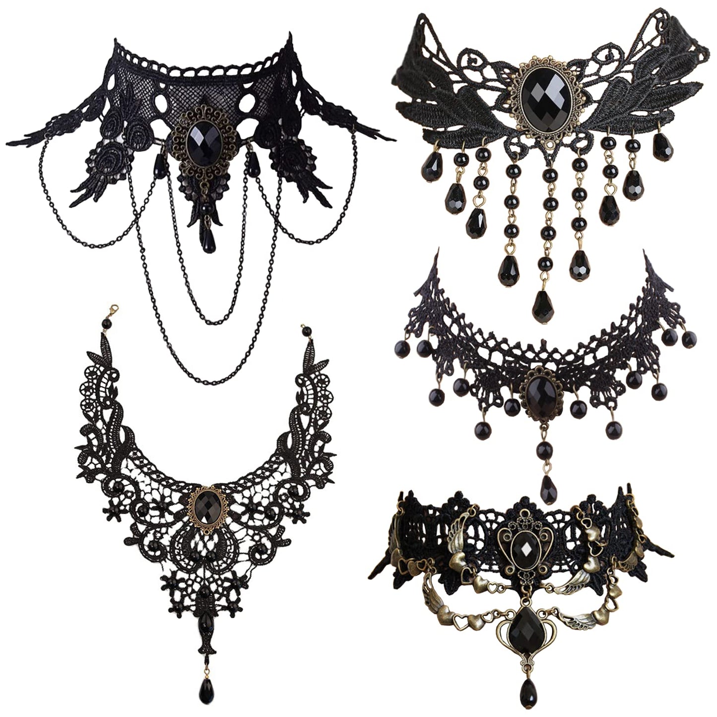 Faccubee 5 Pieces/Set Halloween Sexy Jewelry Women Lady Elegant Goth Gothic Steampunk Lace Choker Necklace Black Neck Chain Collar Statement with pendant Victorian Wedding Party Cosplay