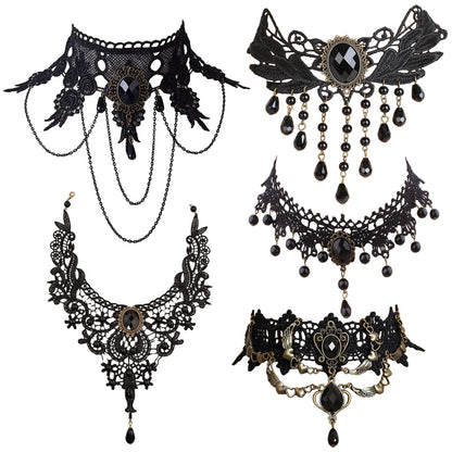 Faccubee 5 Pieces/Set Halloween Sexy Jewelry Women Lady Elegant Goth Gothic Steampunk Lace Choker Necklace Black Neck Chain Collar Statement with pendant Victorian Wedding Party Cosplay