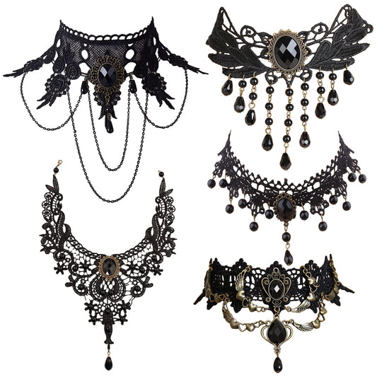 Faccubee 5 Pieces/Set Halloween Sexy Jewelry Women Lady Elegant Goth Gothic Steampunk Lace Choker Necklace Black Neck Chain Collar Statement with pendant Victorian Wedding Party Cosplay