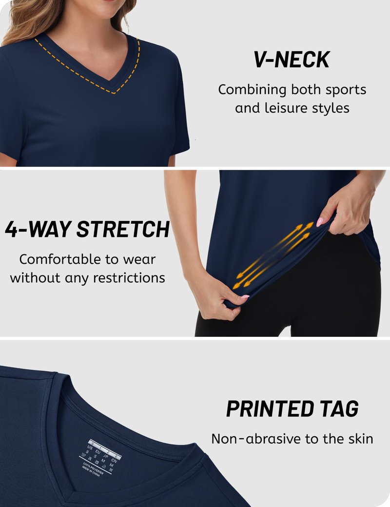 TACVASEN Women's Short Sleeve Workout Top Quick Dry Breathable V Neck Athletic Tee Shirt Dry Fit Gym Sports Activewear Navy L