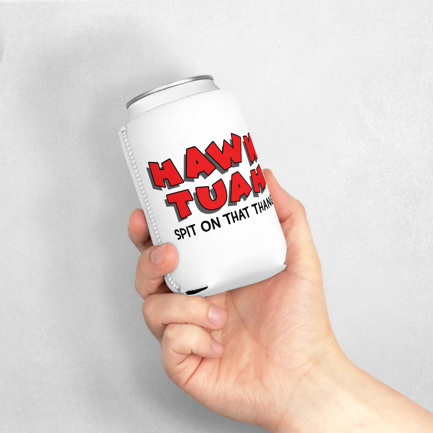 Hawk Tuah Spit on That Thang Funny Can Cooler - White with Red Text | Gag Gift, Christmas Stocking Stuffer, College Party, Halloween Drink Holder