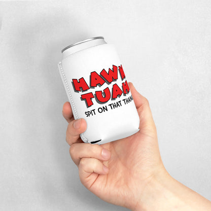 Hawk Tuah Spit on That Thang Funny Can Cooler - White with Red Text | Gag Gift, Christmas Stocking Stuffer, College Party, Halloween Drink Holder
