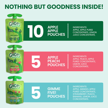 GoGo squeeZ Applesauce and Fruit Puree Variety Pack, Apple, Peach & Gimme Five!, 3.2 oz (Pack of 20), Unsweetened Fruit Snacks for Kids, Gluten Free, Nut Free and Dairy Free, BPA Free Pouches