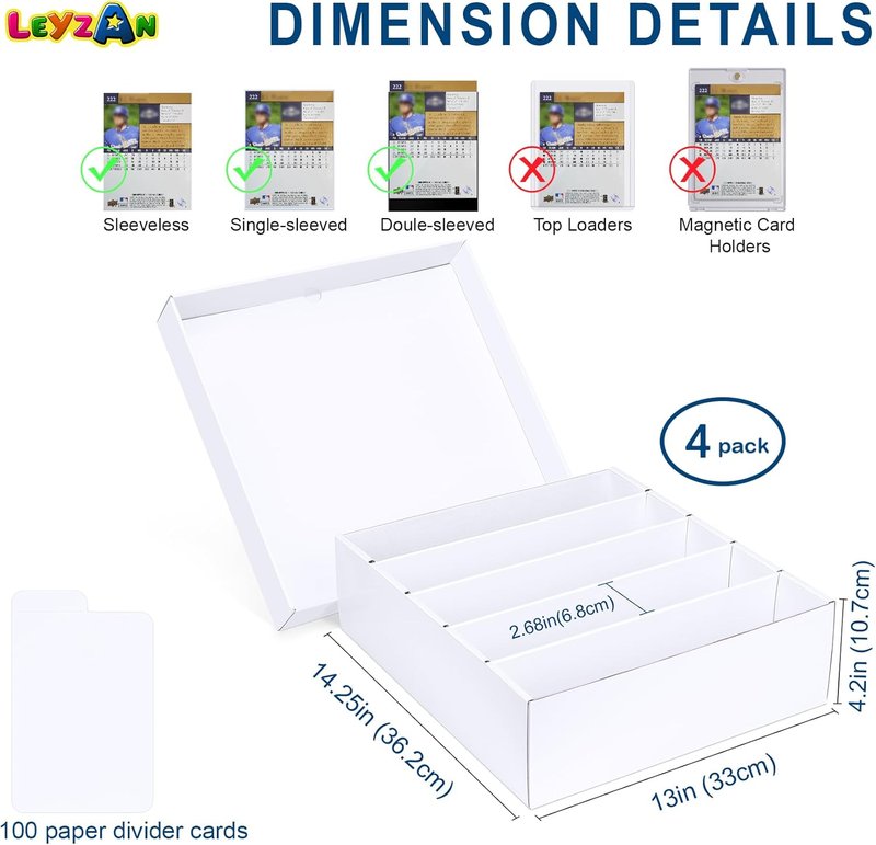 Trading Card Storage Box - 5 Row Cardboard Organizer with Dividers | 4 Pack for MTG, TCG, Sports Cards