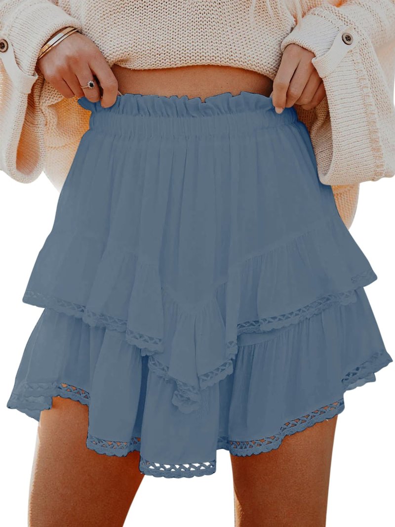 Aoudery Flowy Shorts for Women Casual Boho Ruffle Tiered Skorts High Waist Mini Skirts Golf Tennis Butterfly Crochet Shorts - Denim Blue L