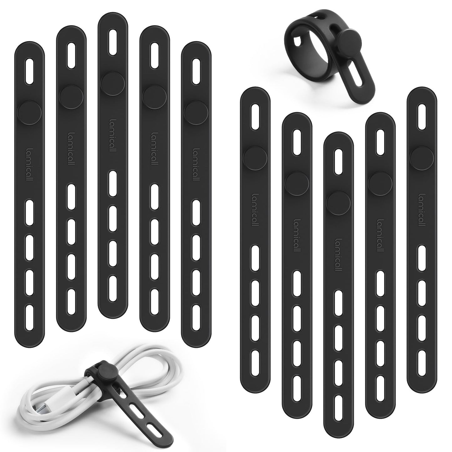 Lamicall 10Pack Reusable Cord Organizer Cable Ties - Silicone Cord Management Wraps, Stretchy Rubber Charger Cable Strap Ties, Skin-Friendly Electrical Wire Keeper for Travel, Home Office Accessories